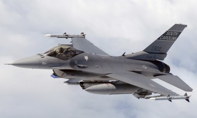 F-16 pilot from the 169th Fighter Wing, South Carolina Air National Guard flies a training mission in the KIWI MOA airspace over the cost of North Carolina Cost . (U.S. Air Force photo SMSgt Thomas Meneguin)