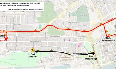 2016_03_05 zwrotnicaPark Miejski linie nr 3 i 5 oraz tramwaj zastępczy