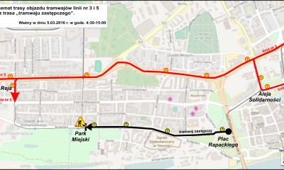 2016_03_05 zwrotnicaPark Miejski linie nr 3 i 5 oraz tramwaj zastępczy
