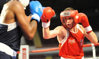 U.S. Army World Class Athlete Program boxer Sgt. Samuel Vasquez Jr. (right) of Fort Carson, Colo., loses a 31-23 decision to Amir Imam of Albany, N.Y., in ther 152-pound challengers bracket of the U.S. Olympic Team Trials for Men's Boxing on Aug. 4 at the Mobile Civic Center in Mobile, Ala. U.S. Army photo by Tim Hipps, IMCOM Public Affairs