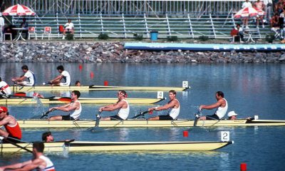 Lieutenant Junior Grade (LTJG) John Walters and teammates on the US Olympic rowing team vie for the gold in the rowing-4 competition during the XXIV Olympic Games.